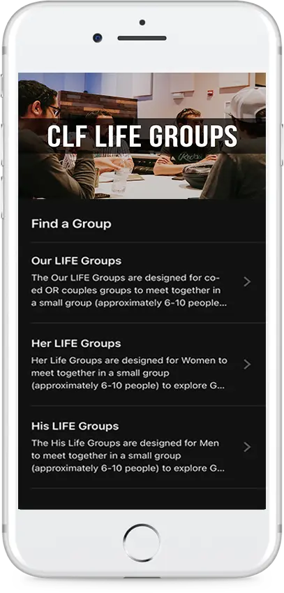 Screenshot of a mobile app showing different LIFE support groups.