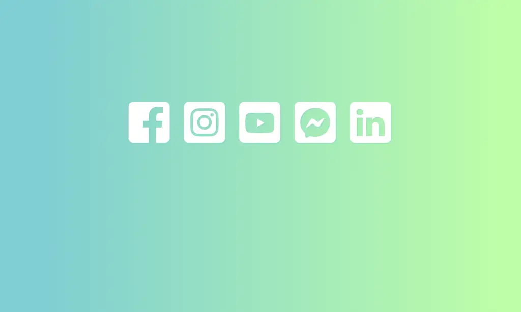 Social media icons on a blue-green gradient background.