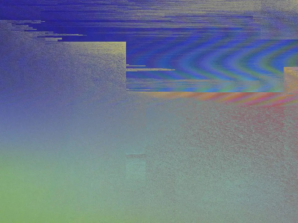 Abstract digital glitch art with blue, green, and purple hues.