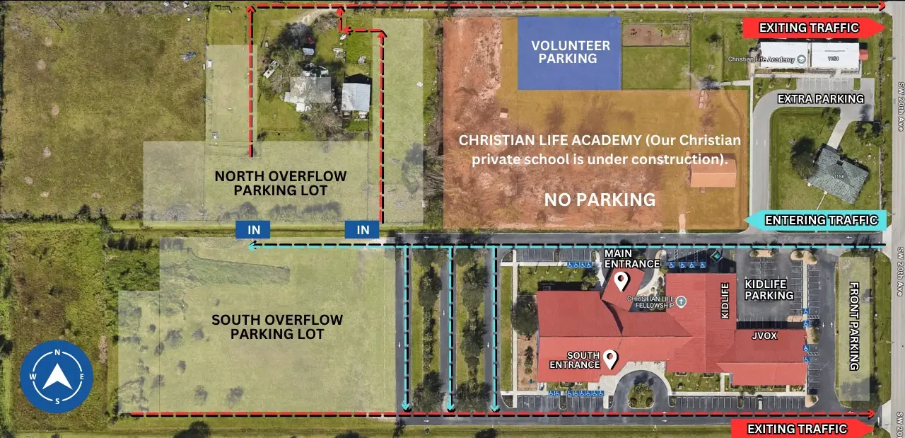 Aerial view of a school with labeled parking and no parking zones.
