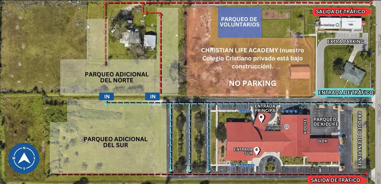 Aerial view highlighting Christian Life Academy and adjacent parking areas.
